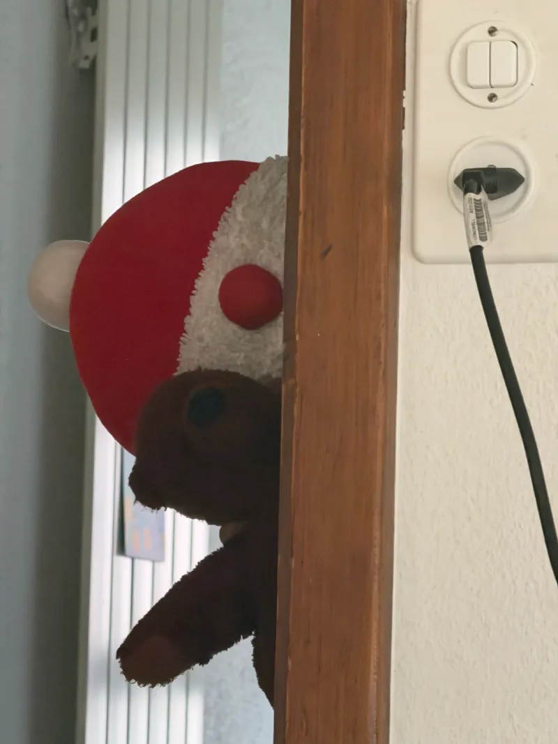 Little Guy and Skoggi peeking round a doorframe